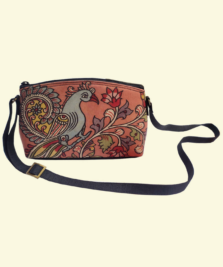 Black body with peach Kalamkari Ghicha silk cotton Loaf Shaped Bag