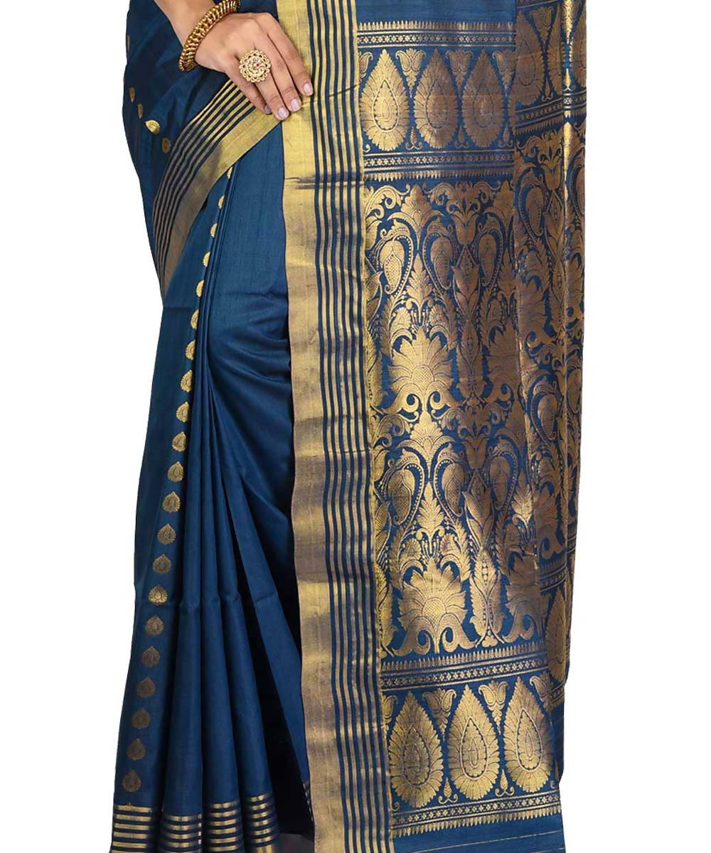 Midnight Blue Bengal handwoven handspun tussar saree