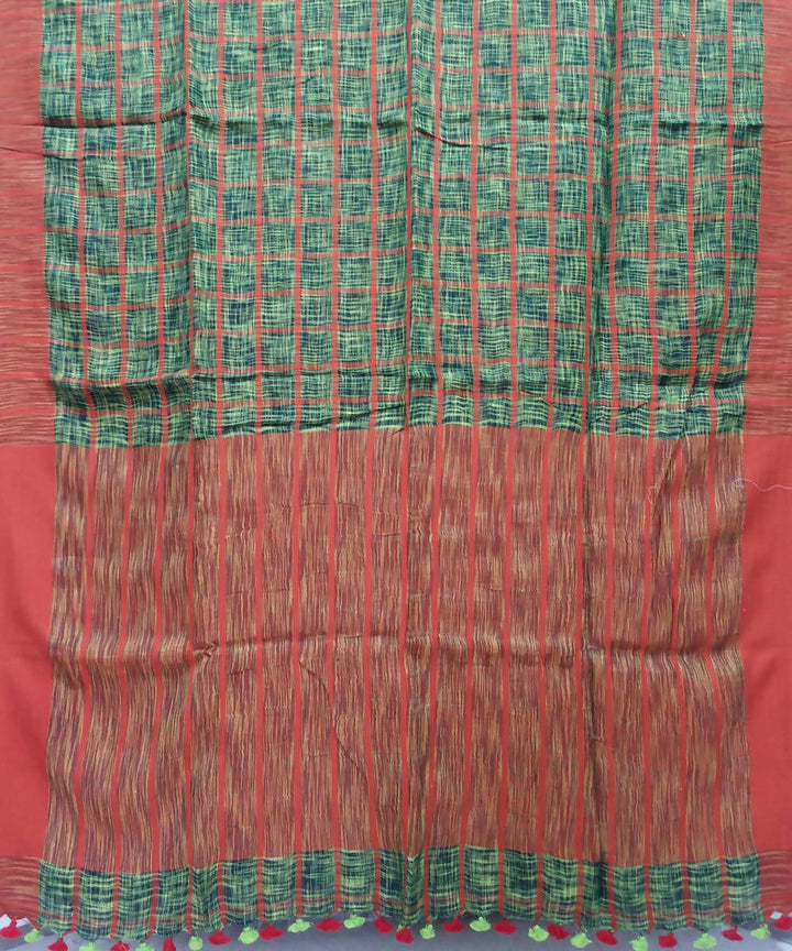 Green and Black Tie Dye Handloom Linen Bengal Saree