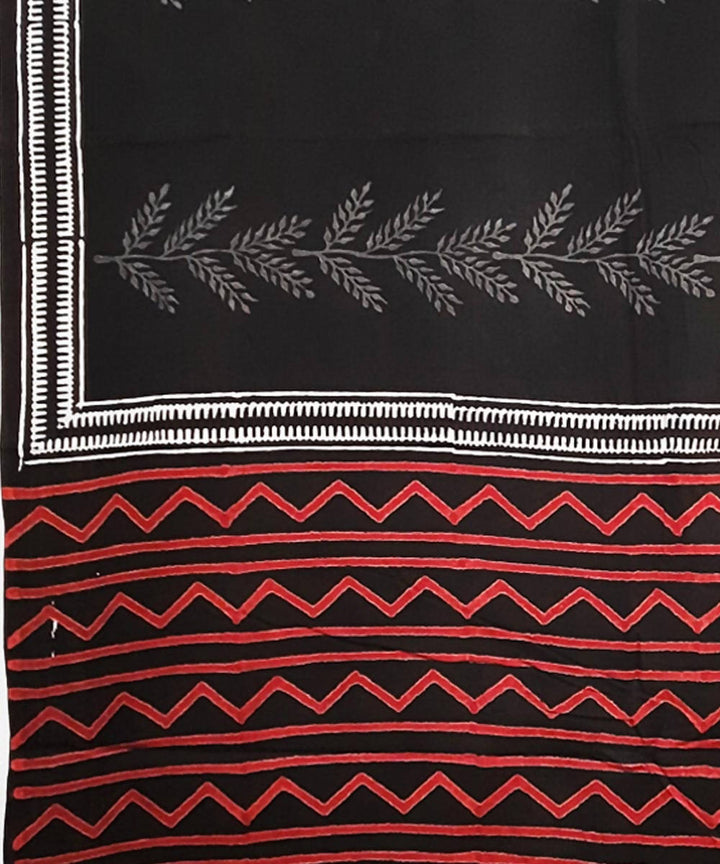 Black red grey hand block print cotton saree