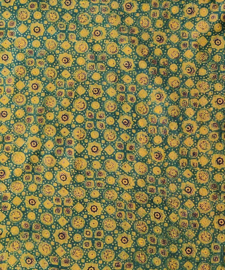 Green yellow natural dye ajrakh print handspun handwoven cotton kurta fabric (2.5m per qty)