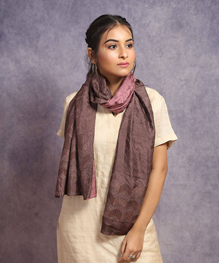 Brown coral hand embroidery reversible silk stole