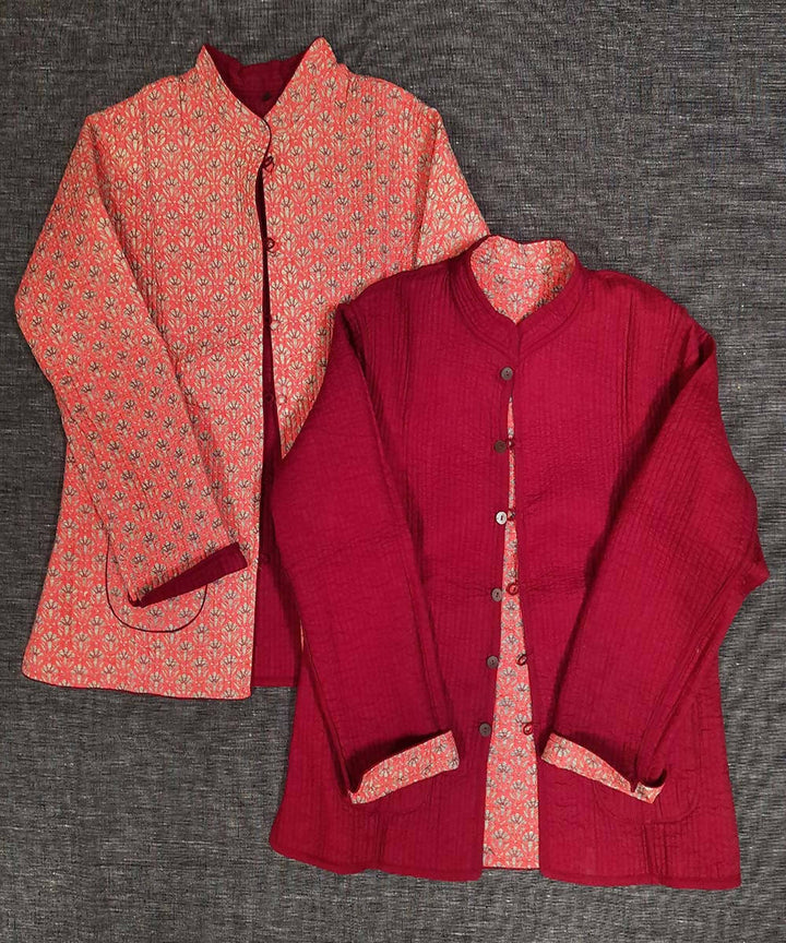 Maroon block printed reversible jacket with cotton quilting