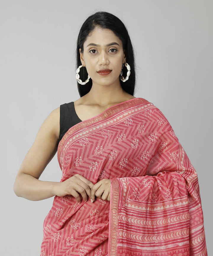 Amarnath red bagru handblock printed cotton silk saree