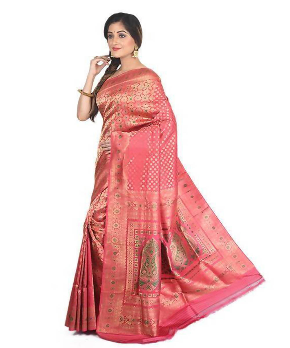 Golden pink handwoven swarnachari silk saree
