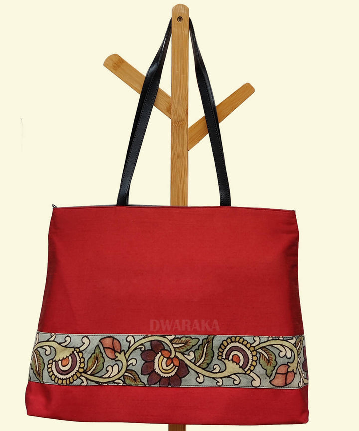 Red hand painted kalamkari cotton silk tote bag