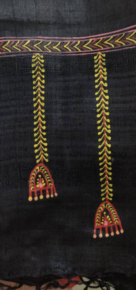 Black handpainted godana art karela chani motif handwoven tussar silk stole