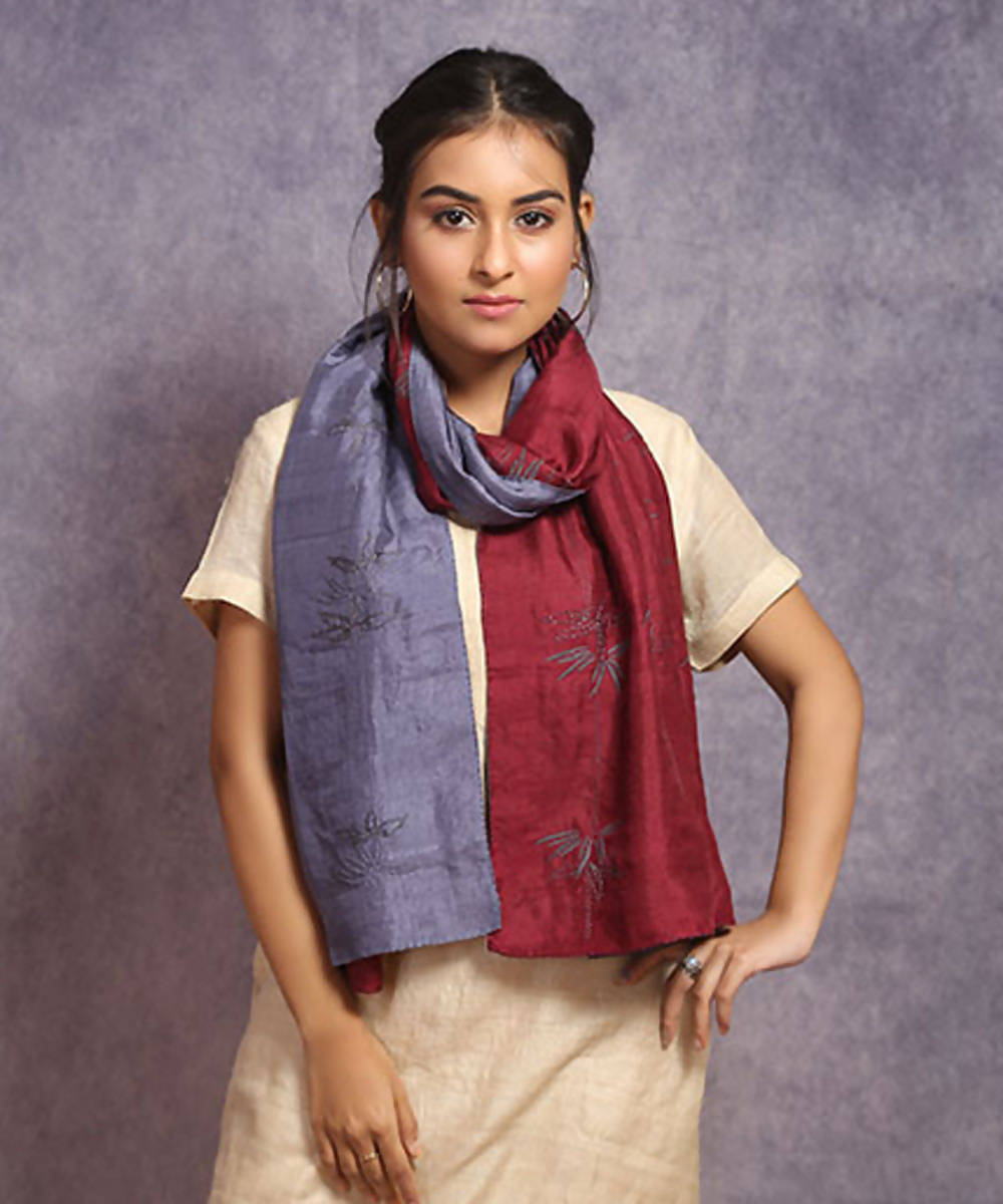 Maroon grey hand embroidery reversible silk stole
