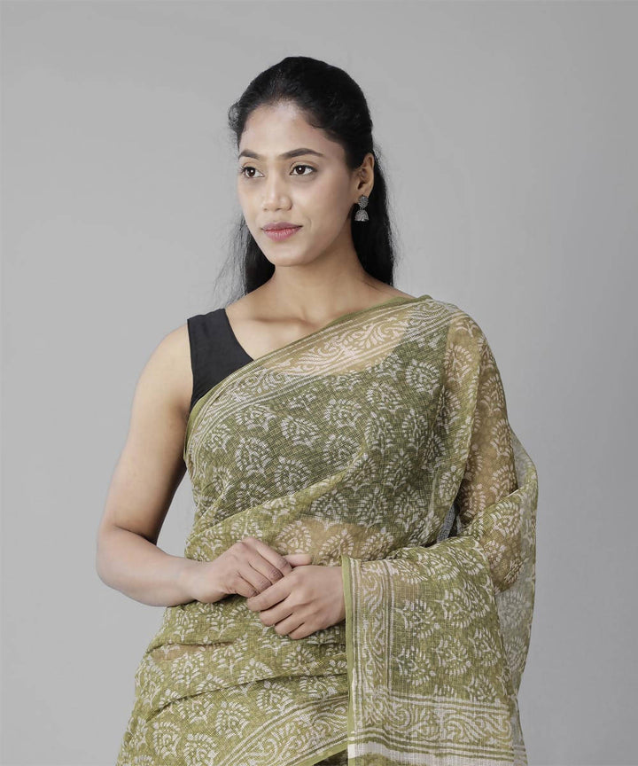 Mehendi green bagru handblock printed cotton saree