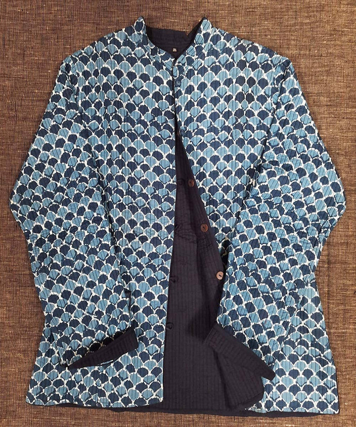 Black and blue block printed reversible jacket with cotton quilting