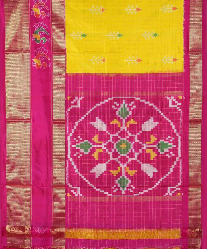 Yellow and pink handwoven silk ikkat pochampally saree