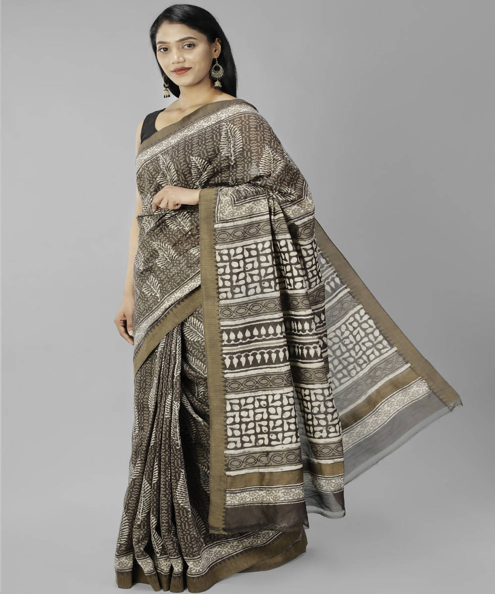 Dark brown bagru handblock print cotton silk saree
