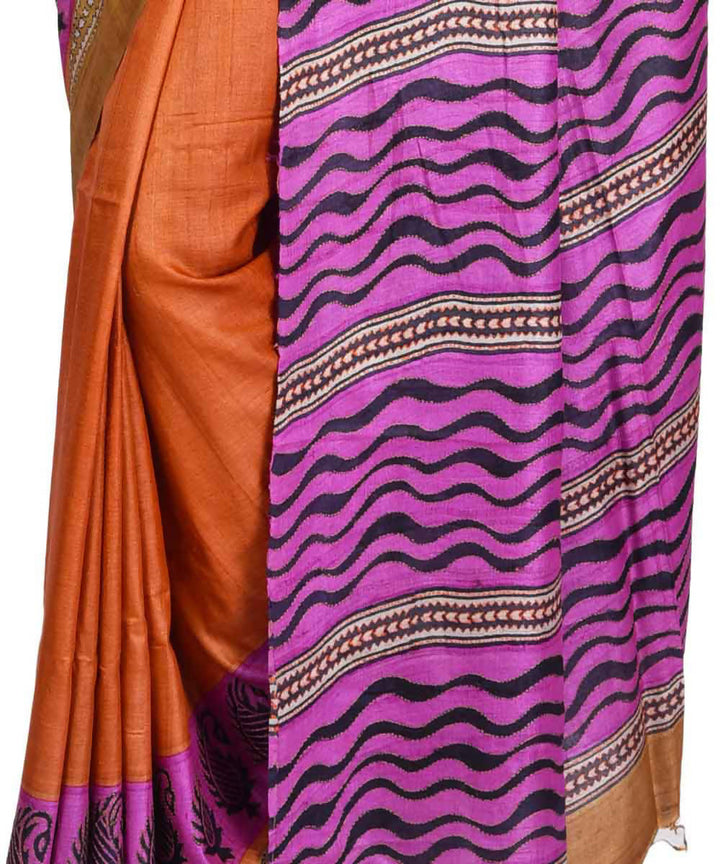 Orange and purple bengal hand embroidery tussar silk saree