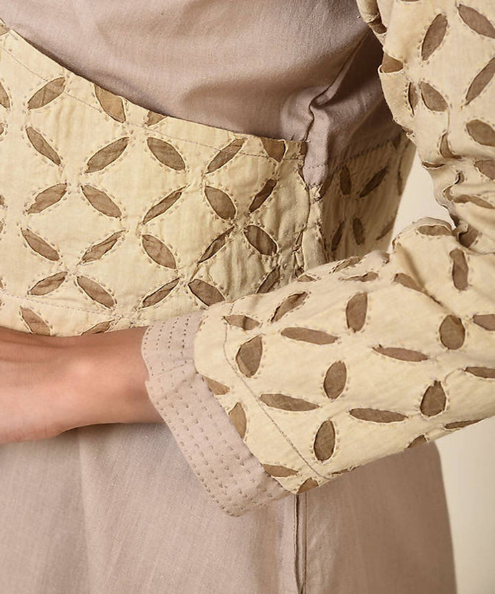 Beige cutwork handcrafted cotton crop jacket