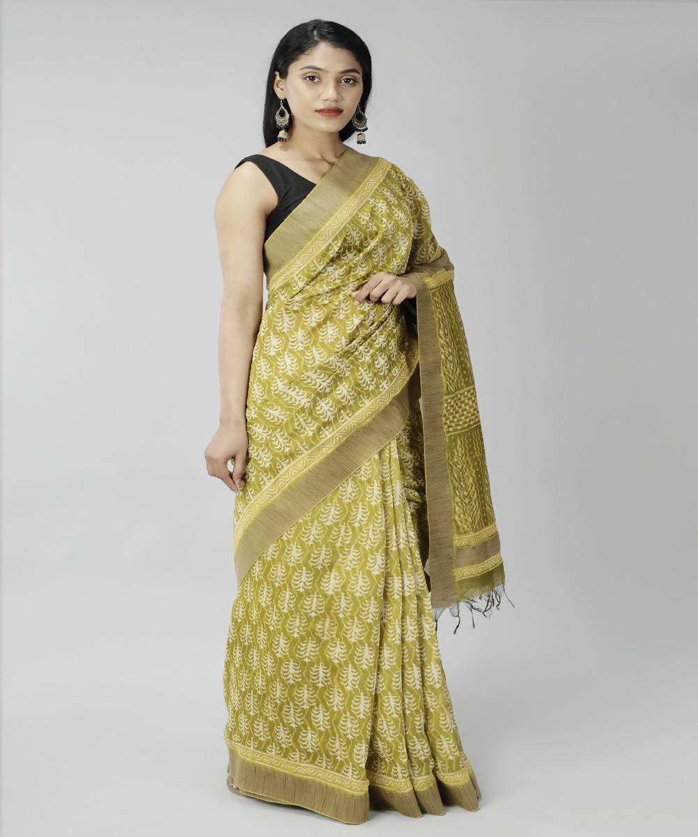 Brass bagru handblock printed cotton silk saree