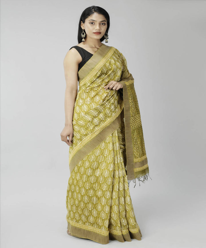 Brass bagru handblock printed cotton silk saree
