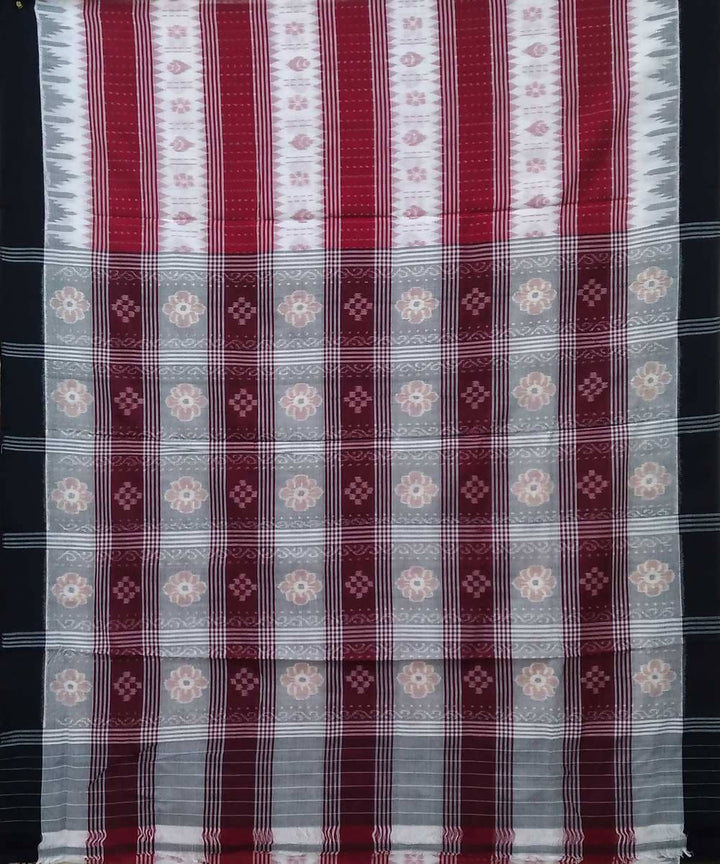 Maroon white black handwoven nuapatana ikat cotton saree