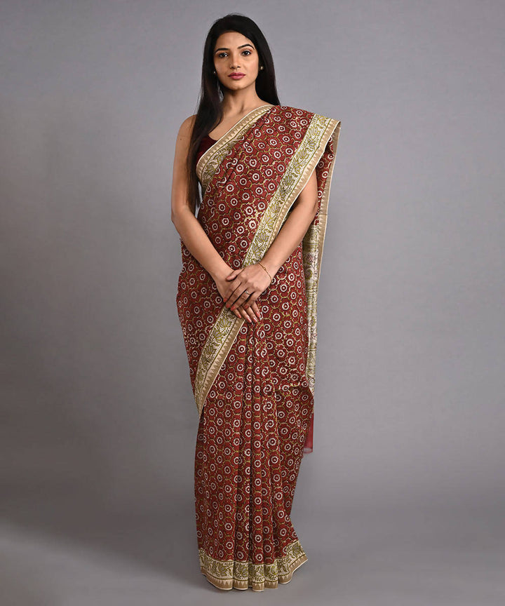 Multicolour cotton silk hand block printed saree with matching blouse