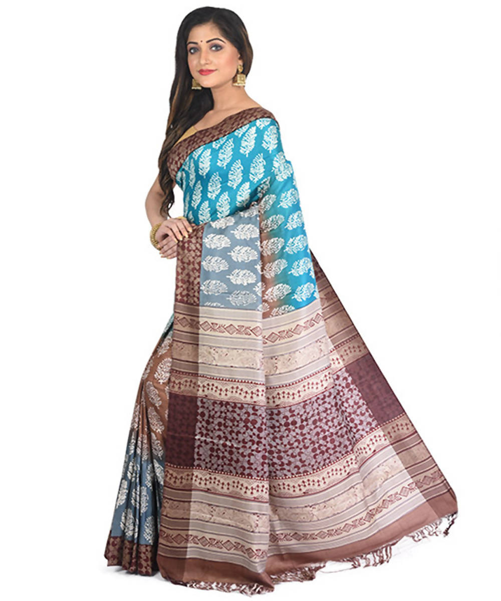 Sky blue handblock printed eri silk saree