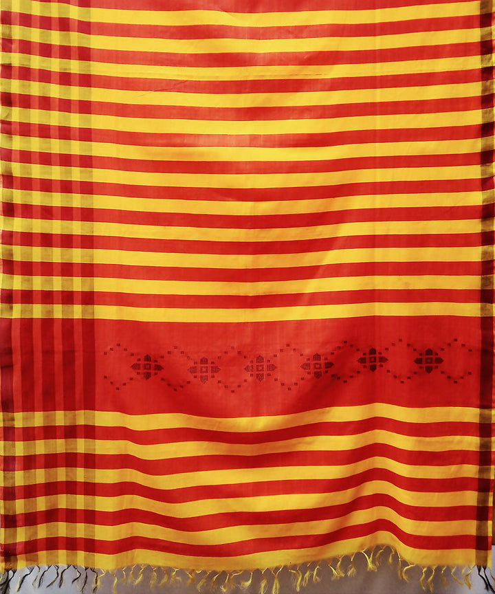 Yellow red hand woven extra weft cotton silk saree