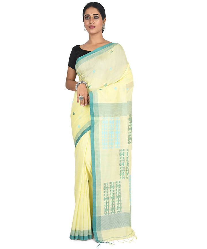 Light yellow handwoven bengal cotton silk saree