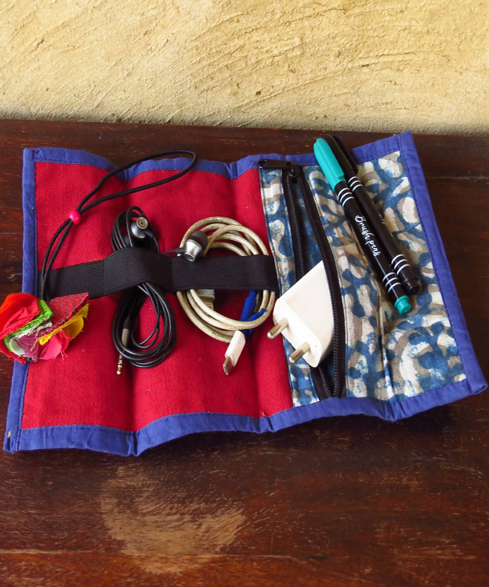 Offwhite blue vegetable dyed cloth wire organiser pouch