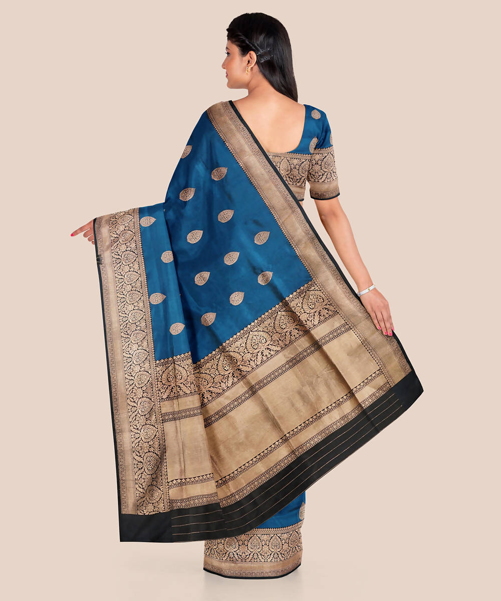 Bright navy blue handwoven silk banarasi saree