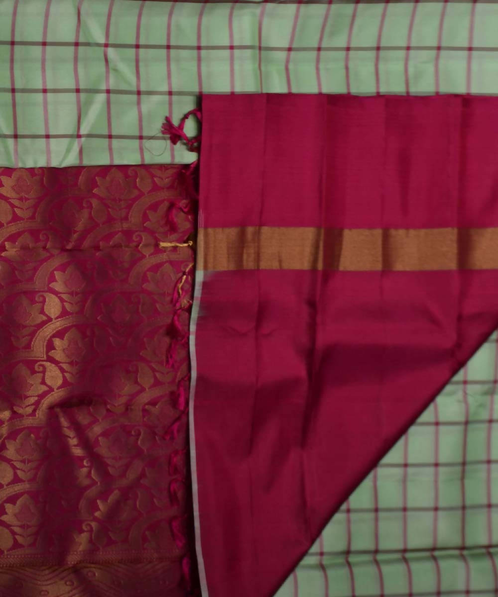 Pista Green Rani Pink Handloom Checks Soft Silk Saree