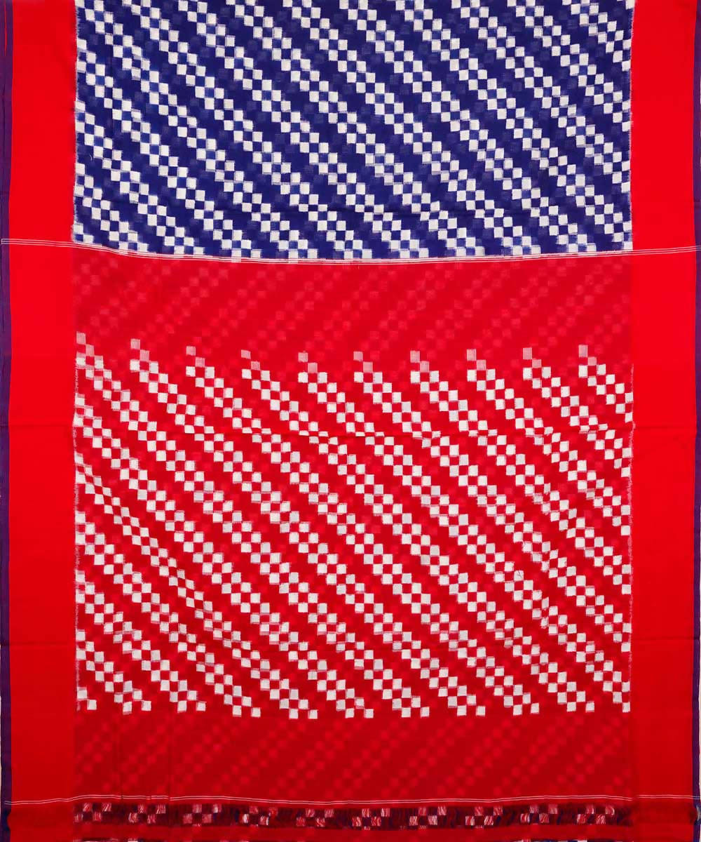 Blue and red cotton handwoven ikat pochampally saree