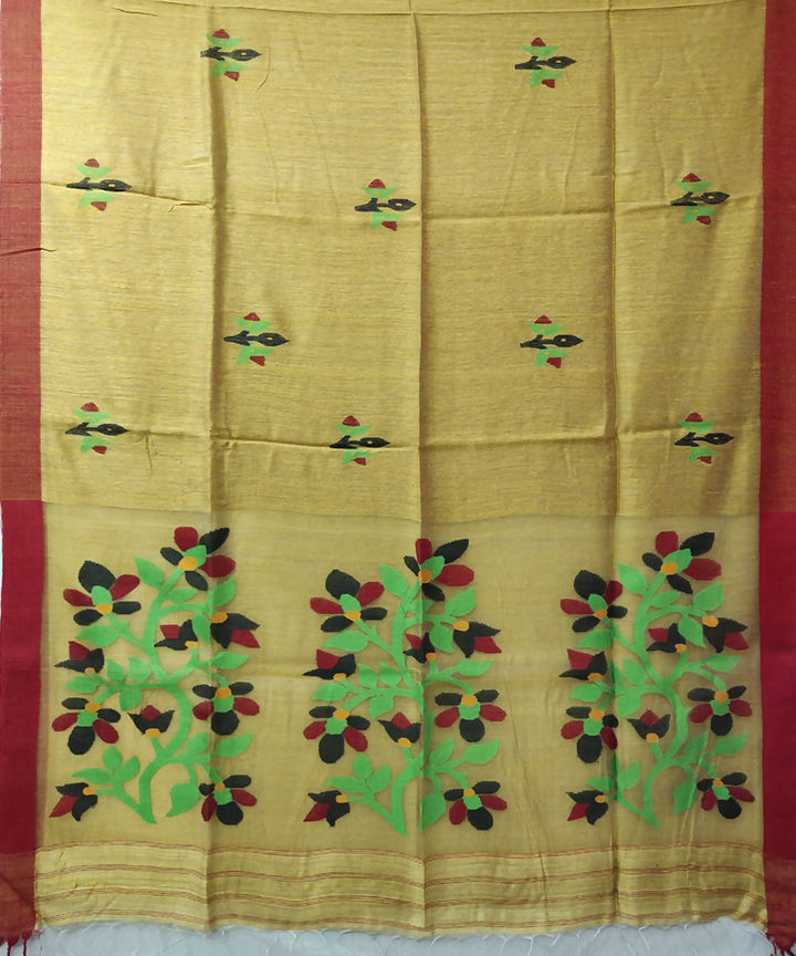 Mustard light green handwoven jamdani matka silk saree