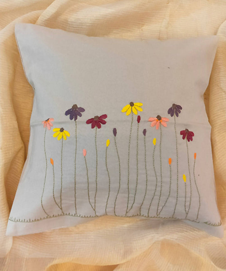 Grey hand embroidered floral cotton cushion cover