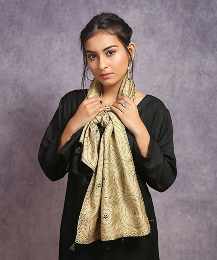 Beige off white hand embroidery reversible silk stole