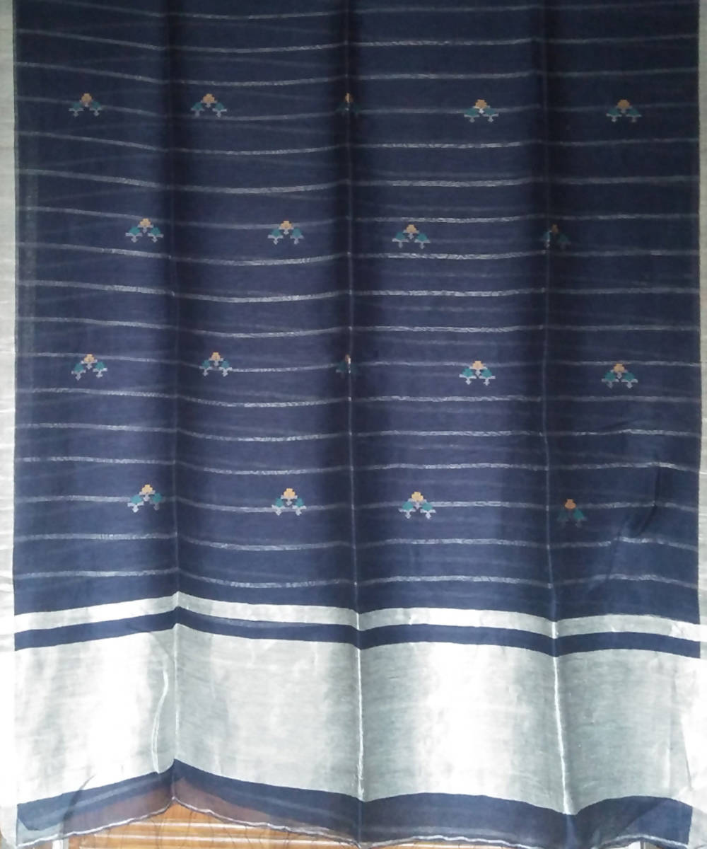 Dark navy blue and zari bengal handwoven linen silk saree