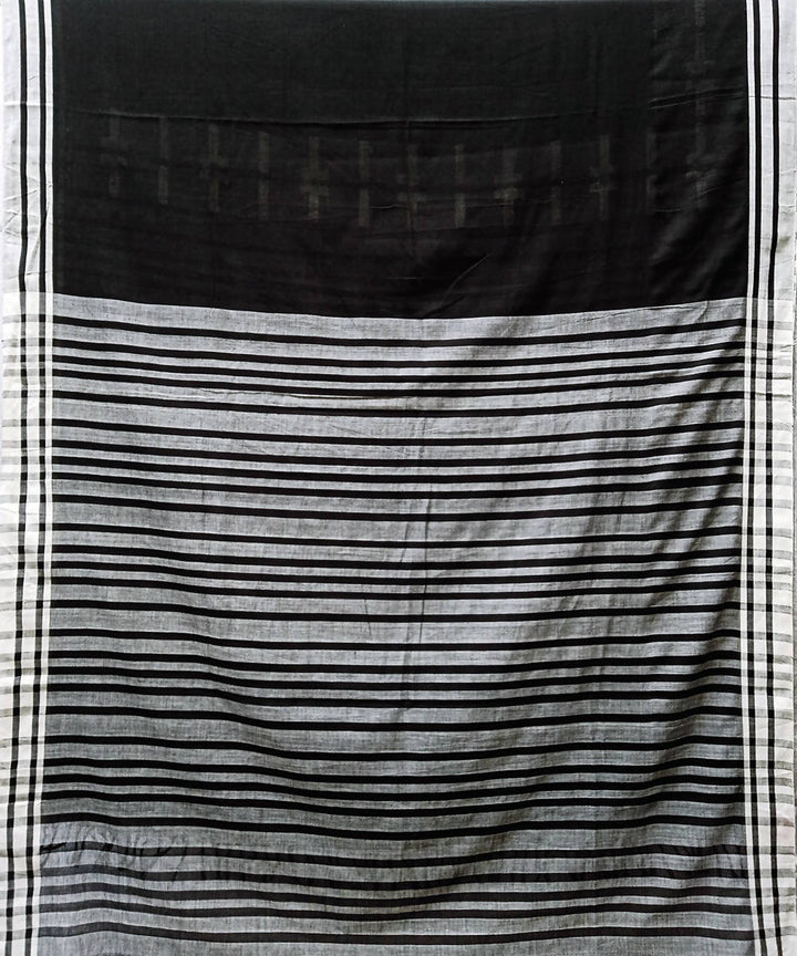 Charcoal black white handwoven extra weft cotton saree