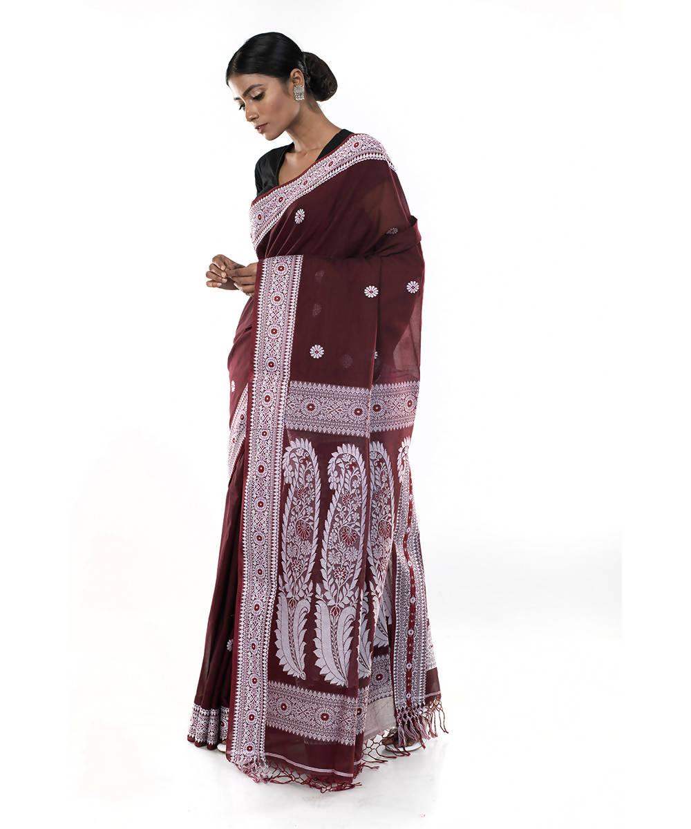 Maroon handloom tangail bengal cotton saree