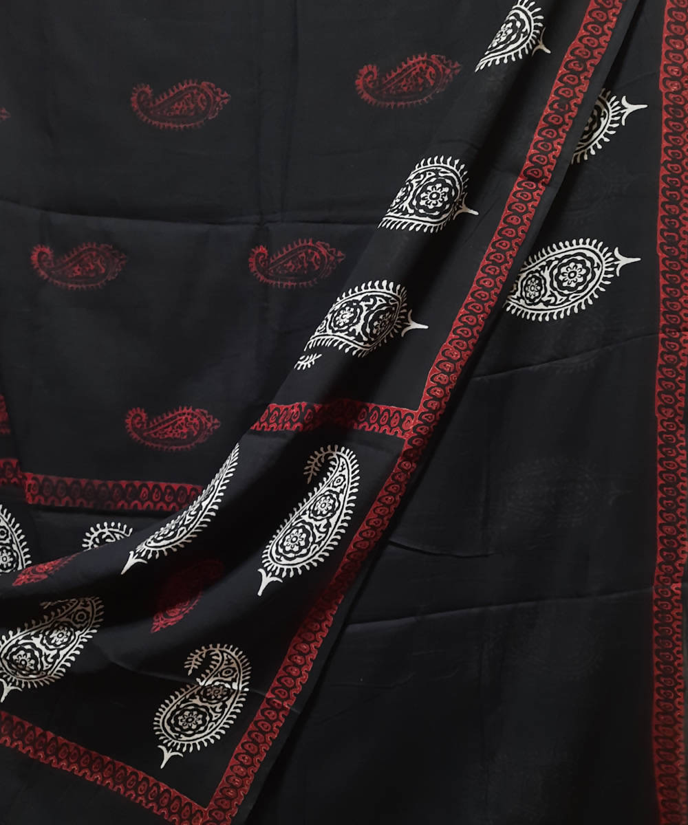 Black handblock printed paisley motif mul cotton saree