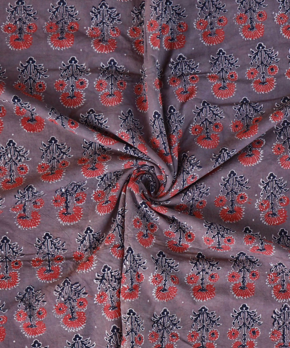 Brown red natural dye hand block printed cotton fabric