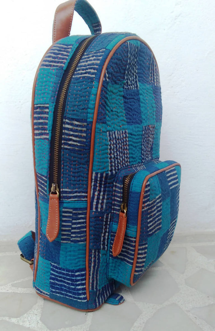 Blue silk leather backpack with tanka embroidery