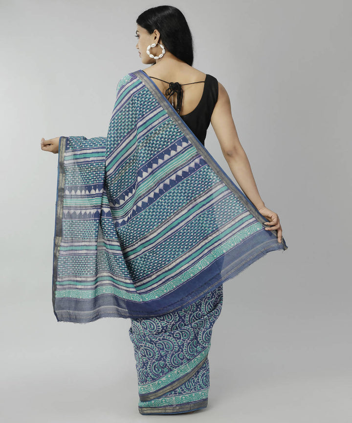 Blue bonnet bagru handblock printed cotton silk saree