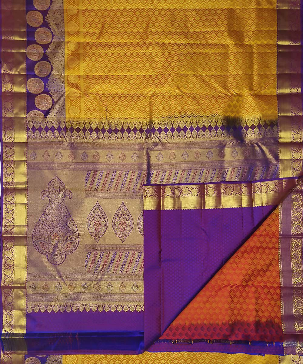 Yellow purple handloom kanjeevaram bridal silk saree