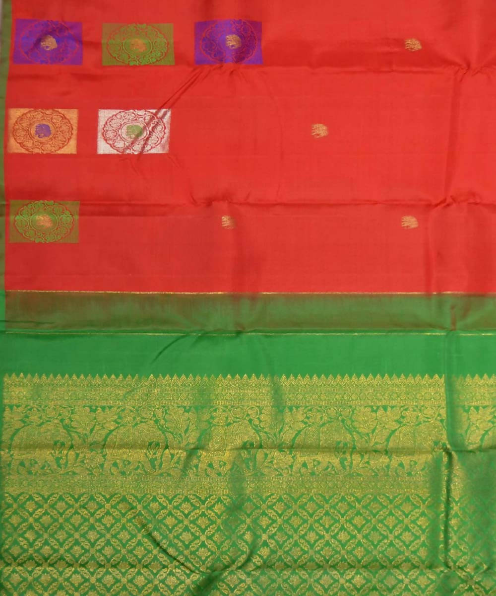 Tomato Red Green Handloom Meenakari Butta Work Dharmavaram Silk Saree