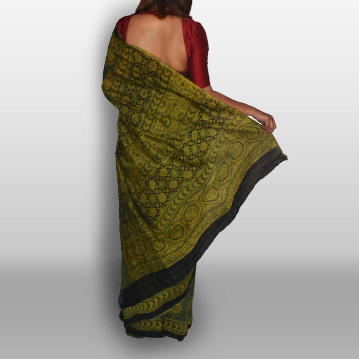 Green ajrakh saree on chanderi silk with silver checks