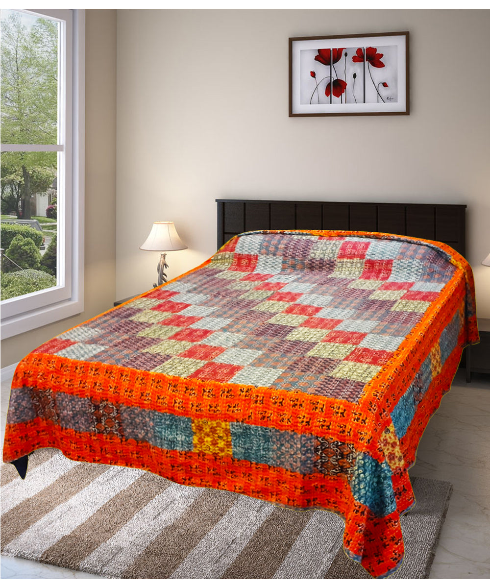 Multicolor checkered patchwork kantha work double layered cotton bedcover (double bed)