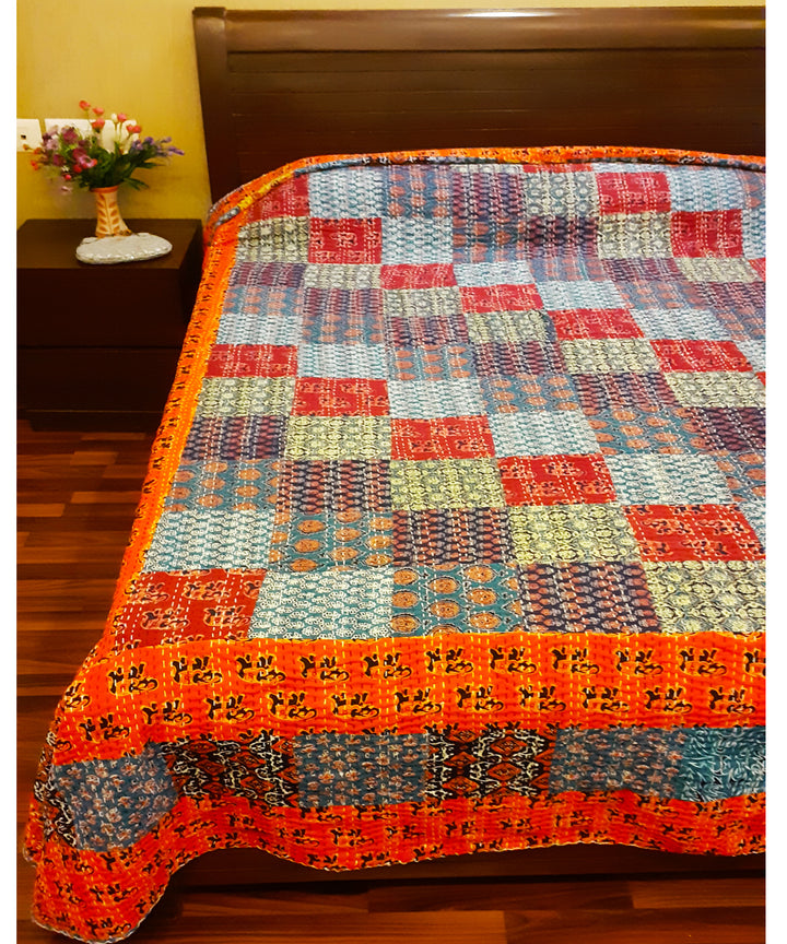 Multicolor checkered patchwork kantha work double layered cotton bedcover (double bed)
