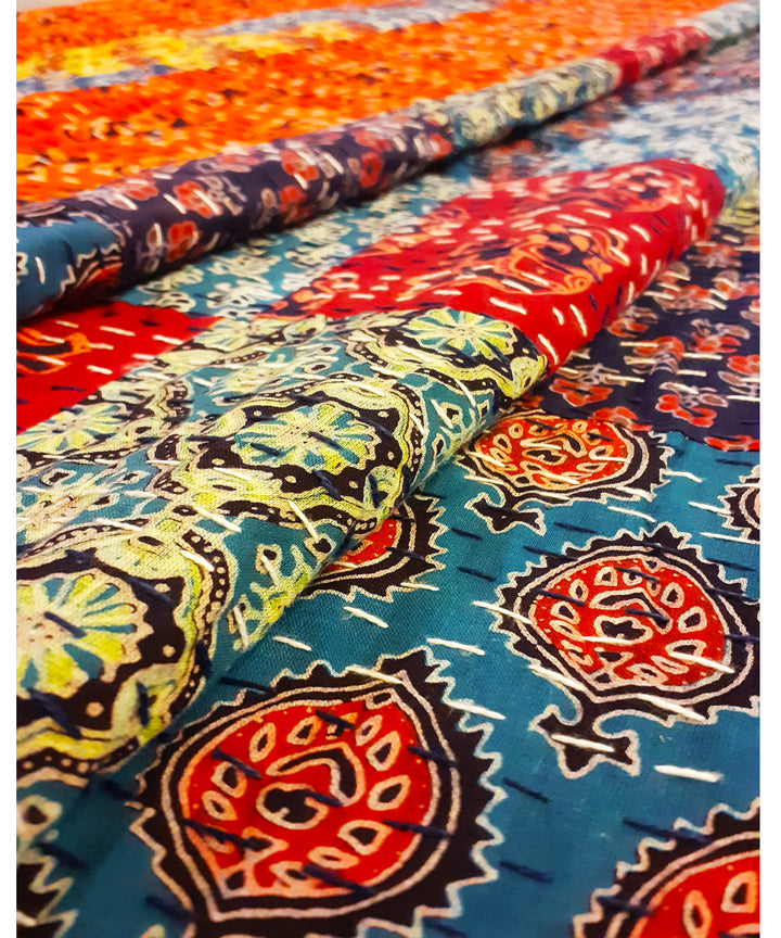 Multicolor checkered patchwork kantha work double layered cotton bedcover (double bed)