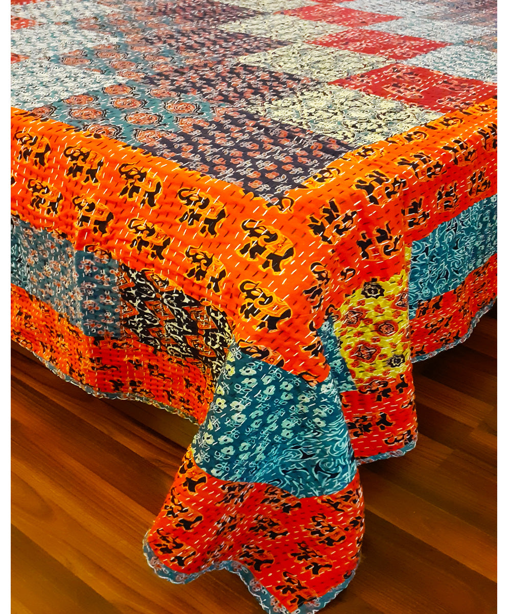 Multicolor checkered patchwork kantha work double layered cotton bedcover (double bed)