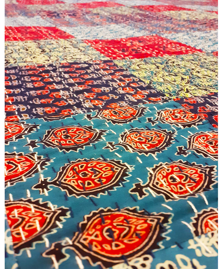 Multicolor checkered patchwork kantha work double layered cotton bedcover (double bed)