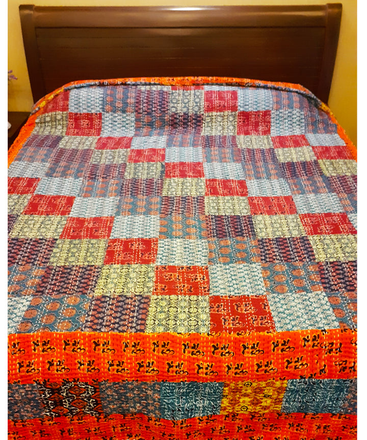 Multicolor checkered patchwork kantha work double layered cotton bedcover (double bed)