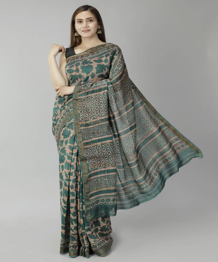 Dark sea green bagru handblock printed cotton silk saree