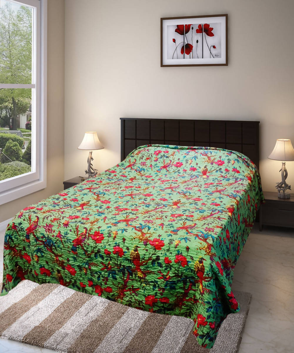 Green kantha work double layered cotton bedcover (Single Bed)
